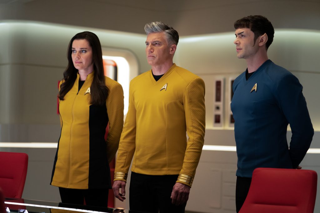 Image features Rebecca Romijn as Una, Anson Mount as Captain Pike, and Ethan Peck as Spock of the Paramount+ original series STAR TREK: STRANGE NEW WORLDS. Photo Cr: Marni Grossman/Paramount+